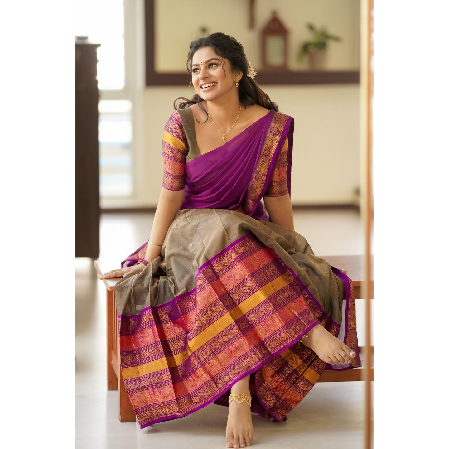 Mezos Purple & Coffee Brown Banarasi Silk Zari Half Saree Set | Amali Royal Heritage Collection