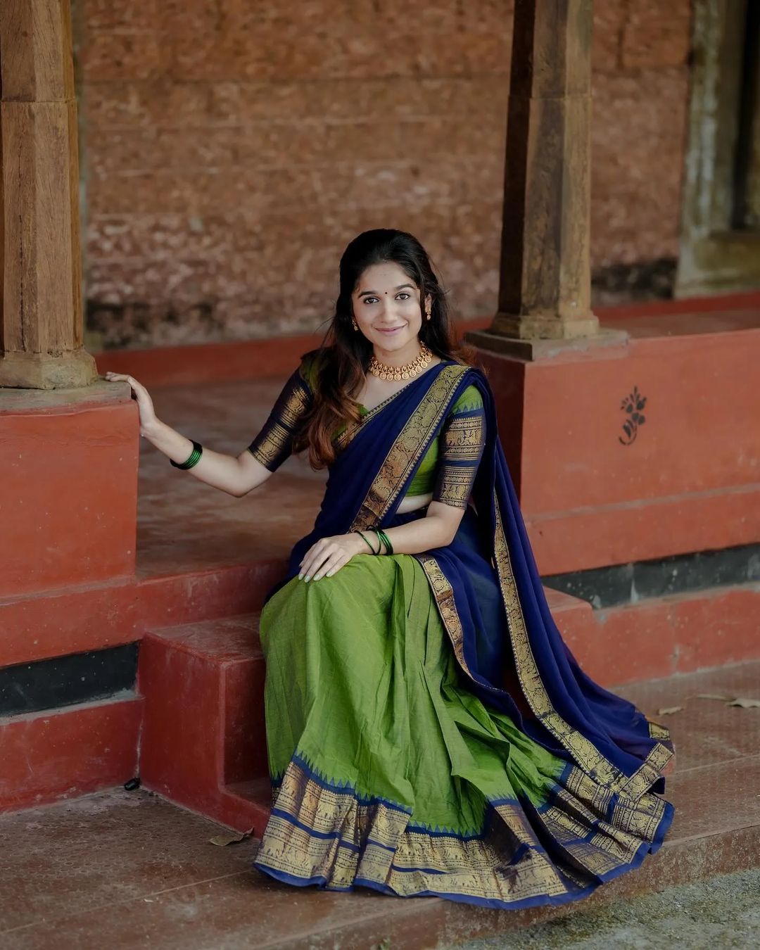 Mezos Royal Blue & Parrot Green Kanjivaram Banarasi Silk Half Saree Set | Zari Lehenga with Dupatta & Blouse – Amali Signature Collection