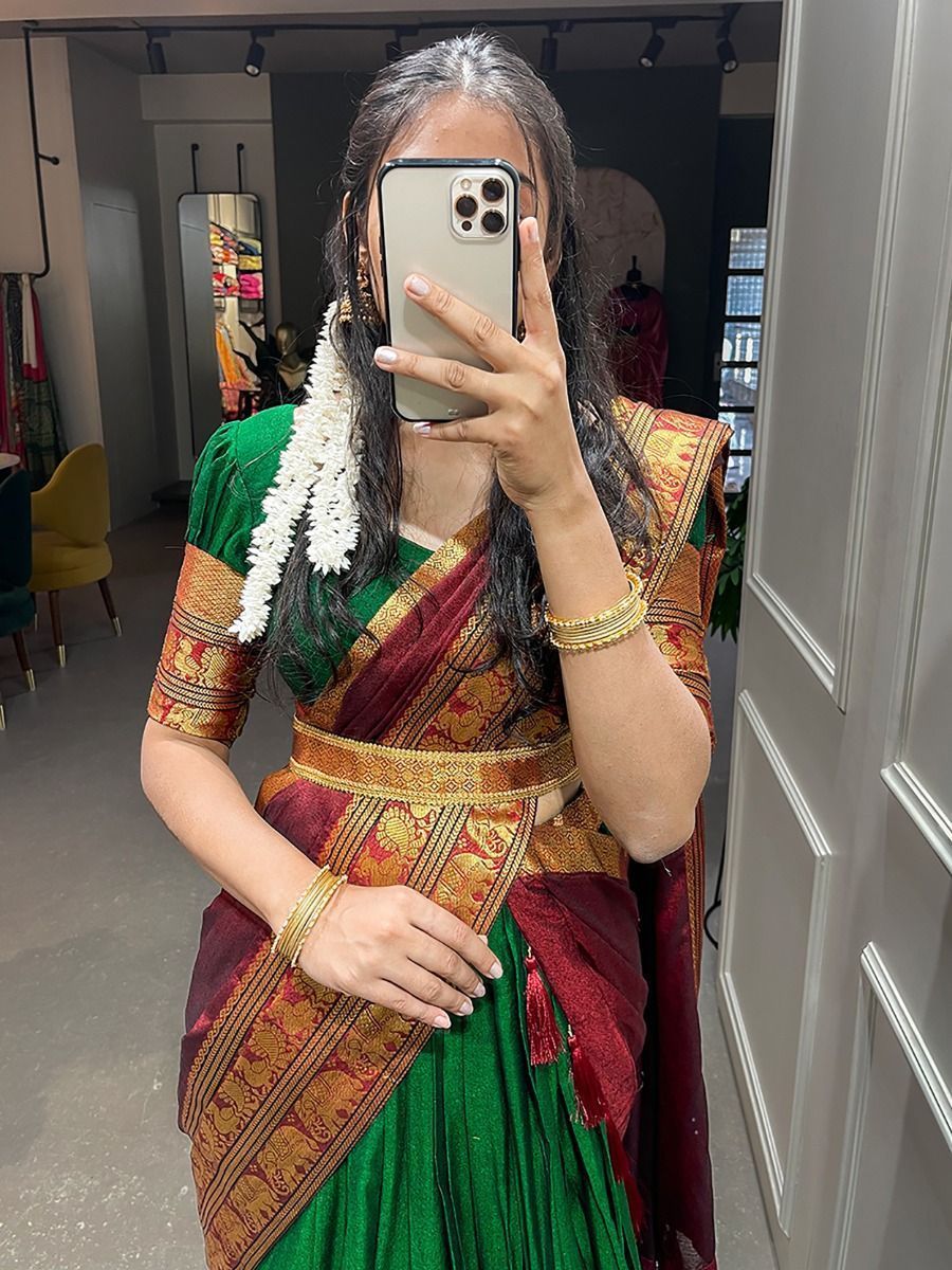 Mezos Green & Maroon Banarasi Kanjivaram Silk Zari Half Saree Set | Amali Royal Heritage Collection