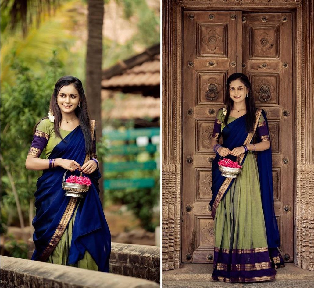 Mezos Royal Blue & Parrot Green Kanjivaram Banarasi Silk Half Saree Set | Zari Lehenga with Dupatta & Blouse – Amali Signature Collection