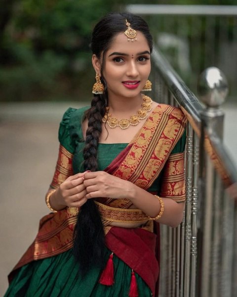 Mezos Green & Maroon Banarasi Kanjivaram Silk Zari Half Saree Set | Amali Royal Heritage Collection