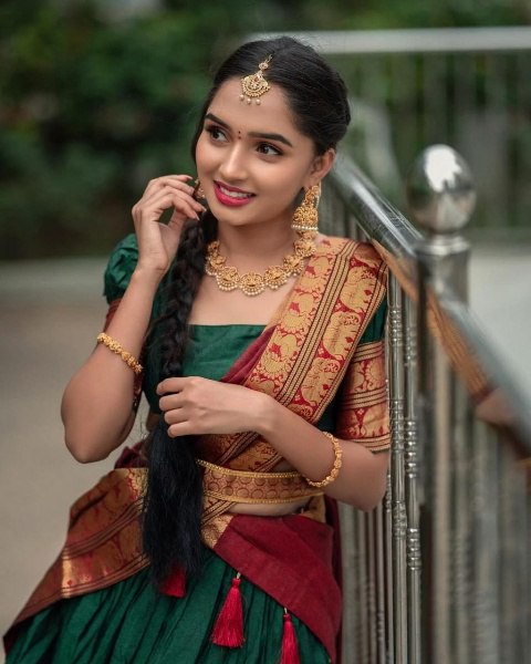 Mezos Green & Maroon Banarasi Kanjivaram Silk Zari Half Saree Set | Amali Royal Heritage Collection