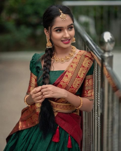 Mezos Green & Maroon Banarasi Kanjivaram Silk Zari Half Saree Set | Amali Royal Heritage Collection