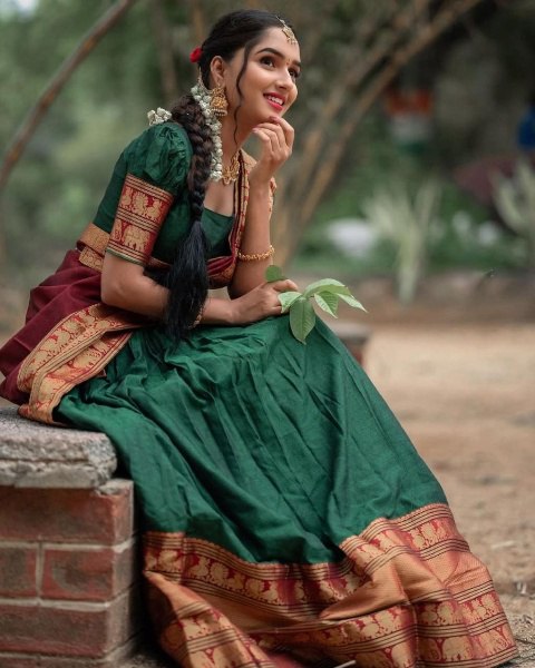 Mezos Green & Maroon Banarasi Kanjivaram Silk Zari Half Saree Set | Amali Royal Heritage Collection