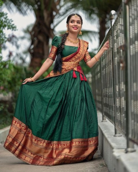 Mezos Green & Maroon Banarasi Kanjivaram Silk Zari Half Saree Set | Amali Royal Heritage Collection
