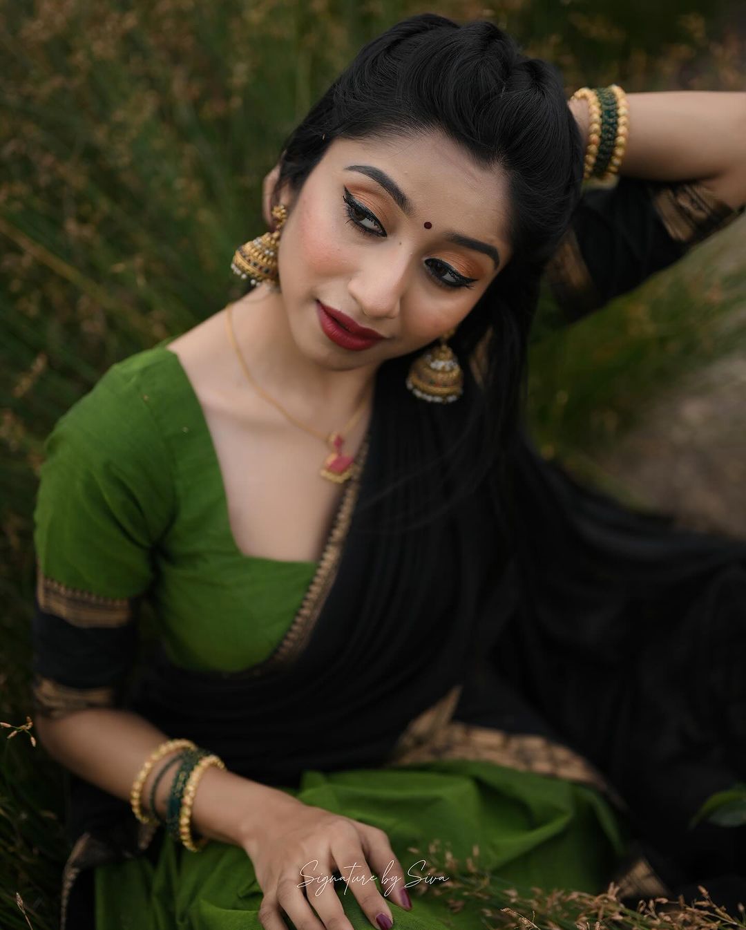 Mezos Olive Green & Black Banarasi Silk Zari Half Saree Set | Amali Royal Heritage Collection