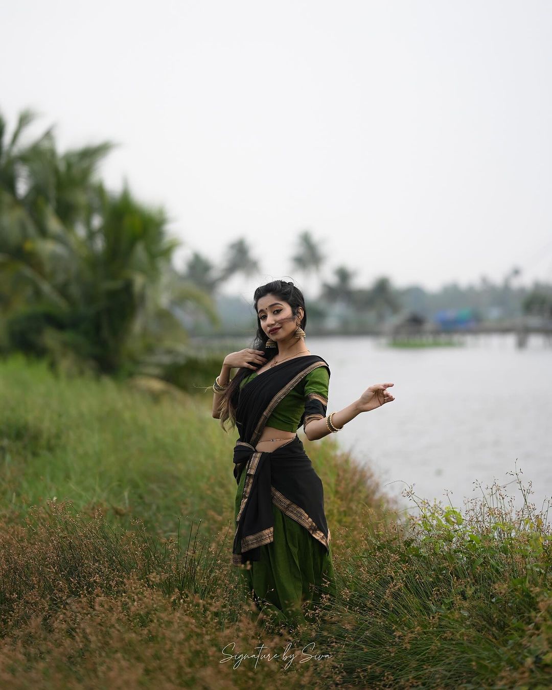Mezos Olive Green & Black Banarasi Silk Zari Half Saree Set | Amali Royal Heritage Collection