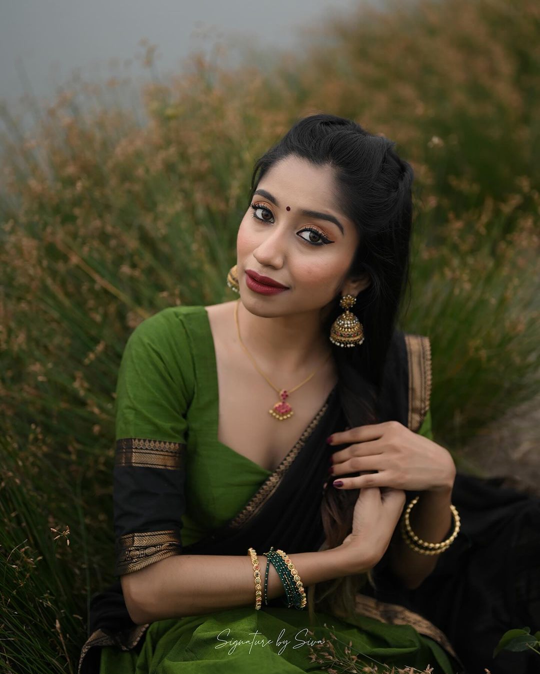 Mezos Olive Green & Black Banarasi Silk Zari Half Saree Set | Amali Royal Heritage Collection