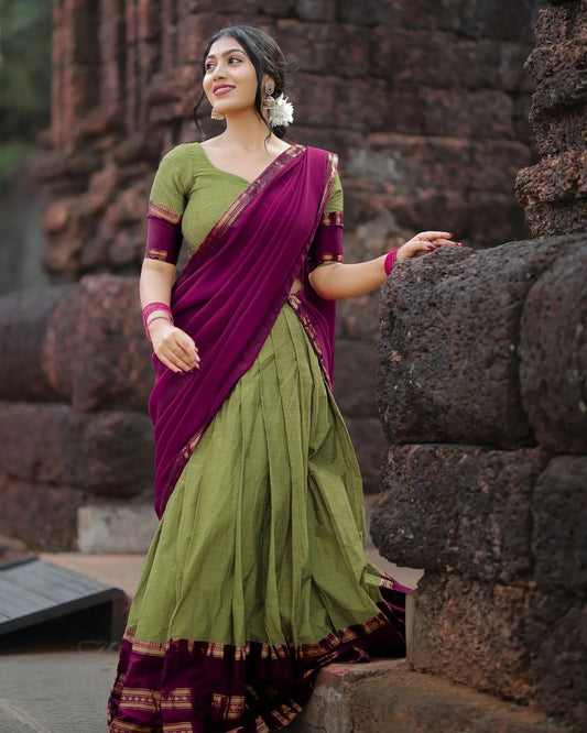 Mezos Olive Green & Wine Banarasi Silk Zari Half Saree Set | Amali Royal Heritage Collection