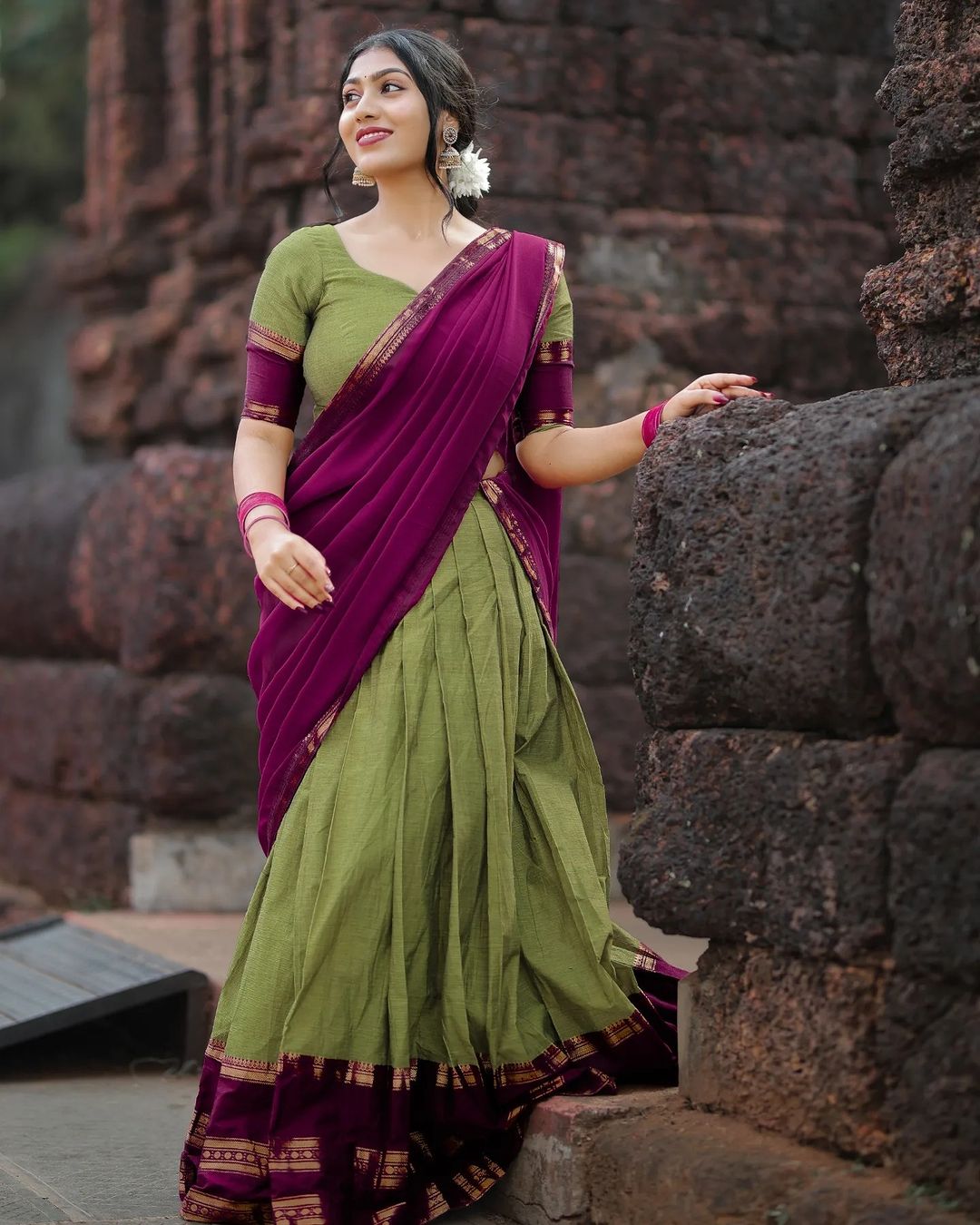 Mezos Olive Green & Wine Banarasi Silk Zari Half Saree Set | Amali Royal Heritage Collection