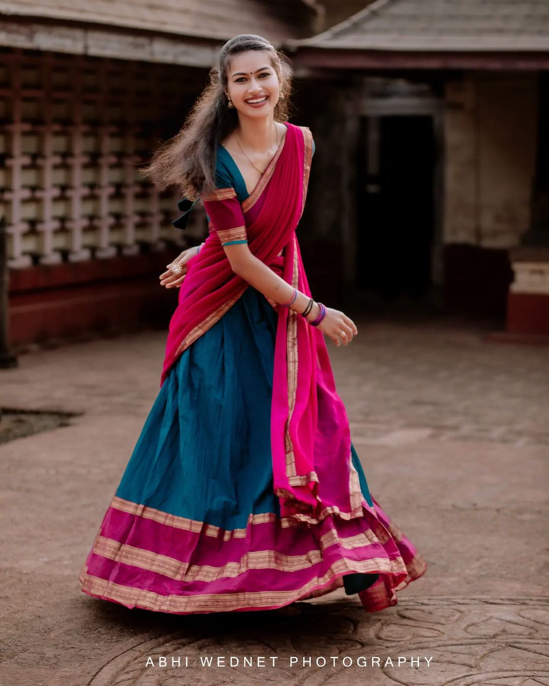 Mezos Teal Blue & Wine Banarasi Silk Zari Half Saree Set | Amali Royal Heritage Collection