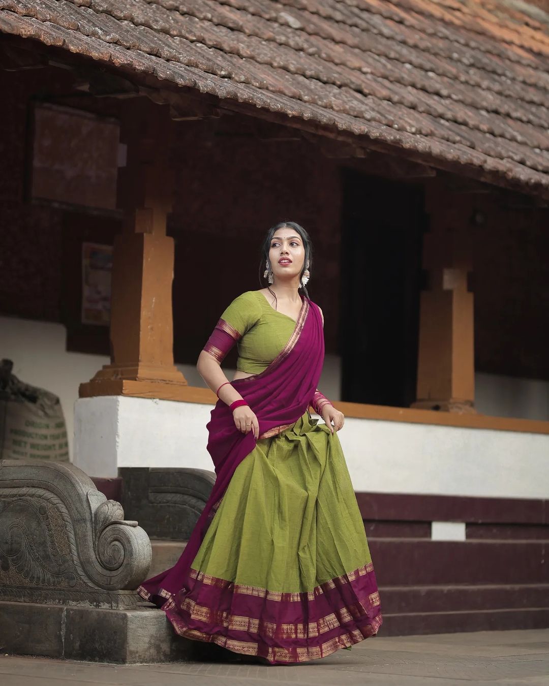 Mezos Olive Green & Wine Banarasi Silk Zari Half Saree Set | Amali Royal Heritage Collection