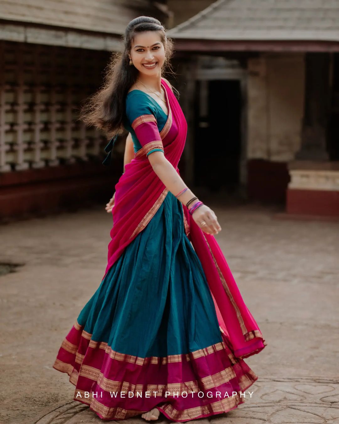 Mezos Teal Blue & Wine Banarasi Silk Zari Half Saree Set | Amali Royal Heritage Collection