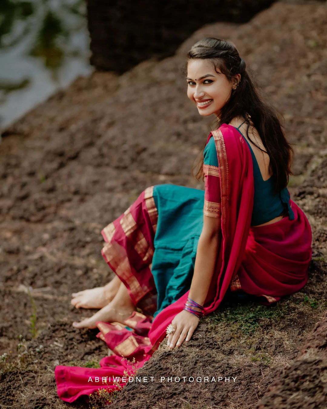 Mezos Teal Blue & Wine Banarasi Silk Zari Half Saree Set | Amali Royal Heritage Collection