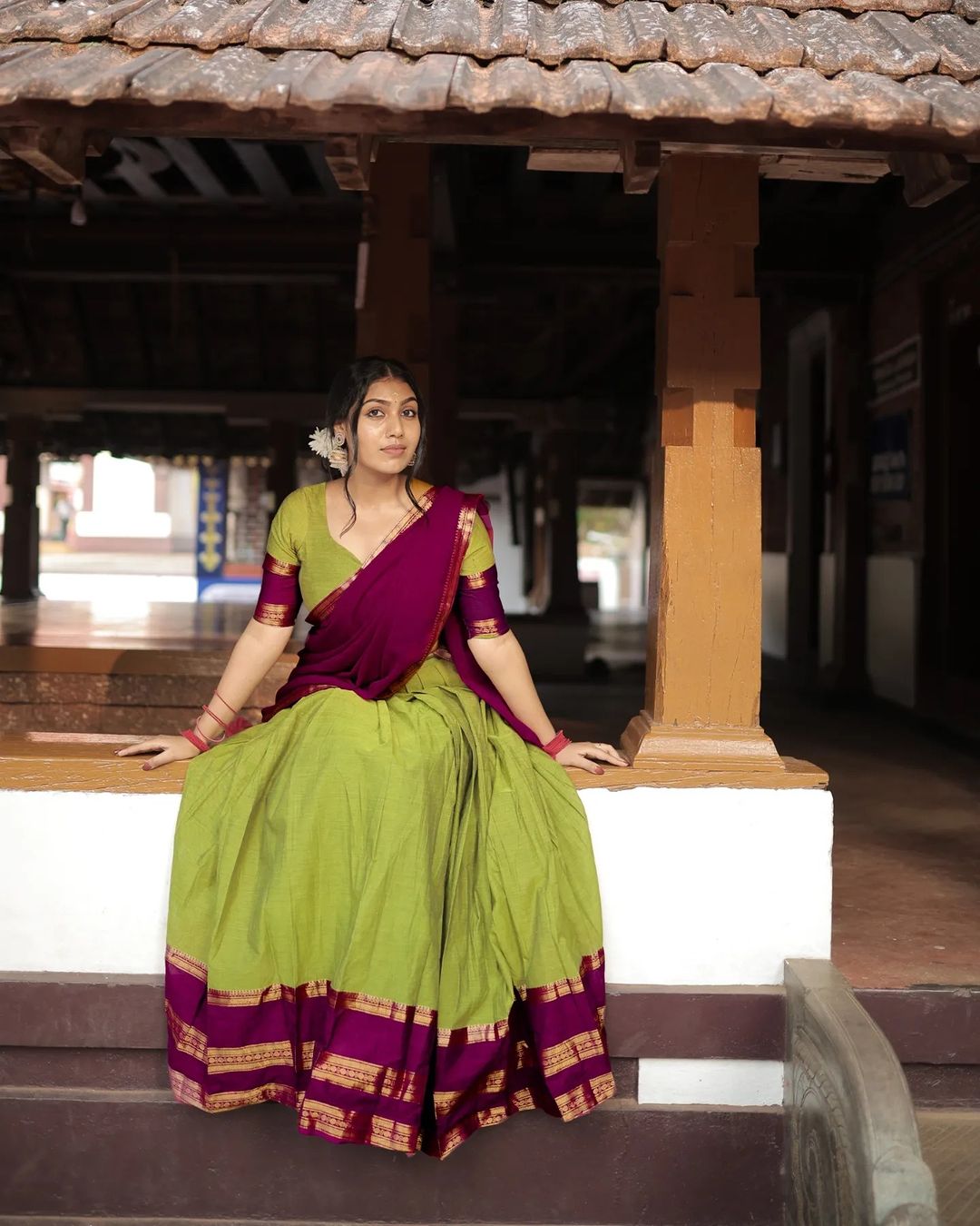 Mezos Olive Green & Wine Banarasi Silk Zari Half Saree Set | Amali Royal Heritage Collection