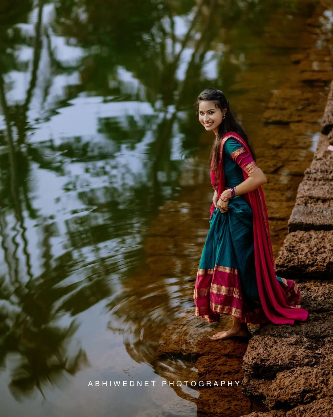 Mezos Teal Blue & Wine Banarasi Silk Zari Half Saree Set | Amali Royal Heritage Collection