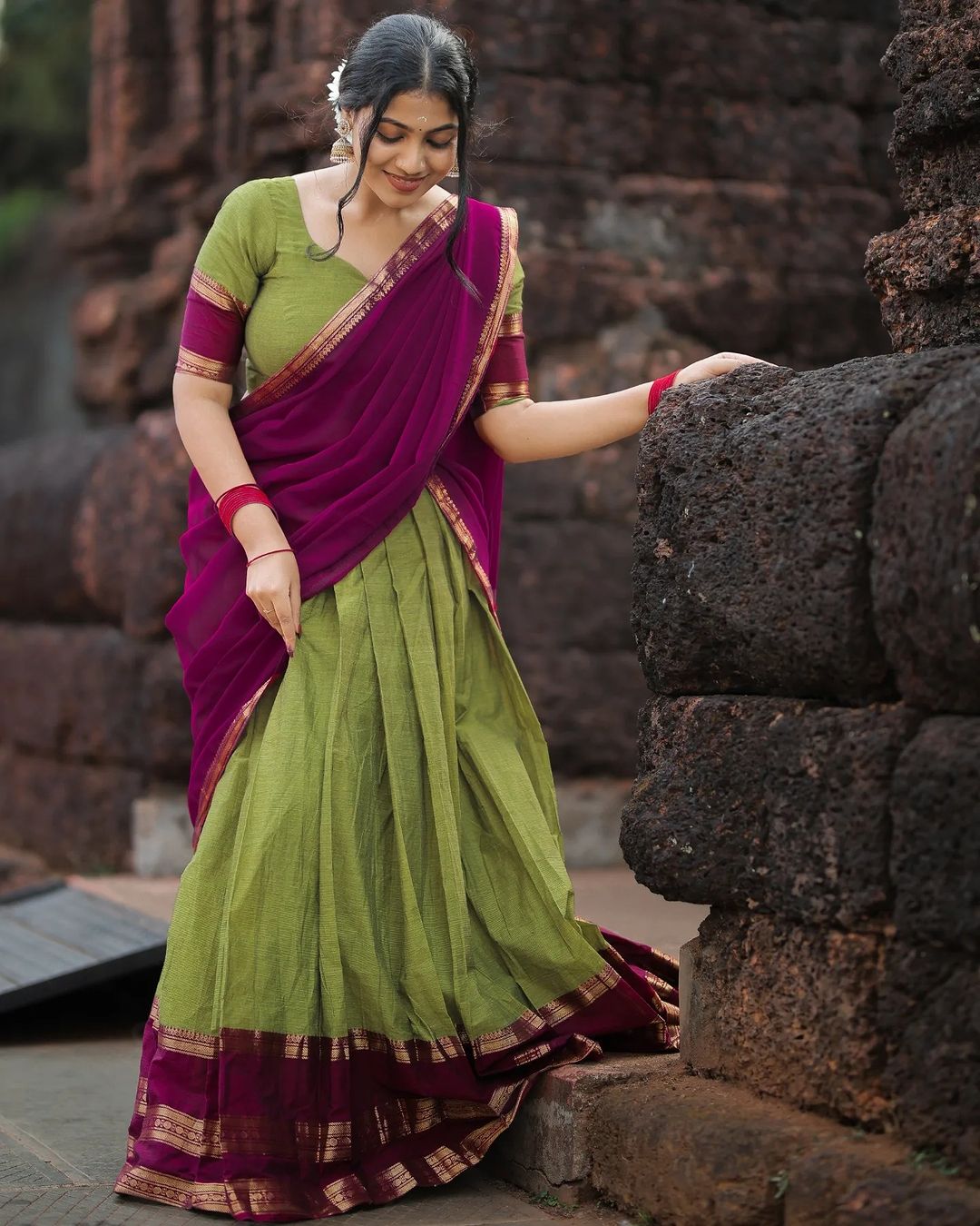 Mezos Olive Green & Wine Banarasi Silk Zari Half Saree Set | Amali Royal Heritage Collection