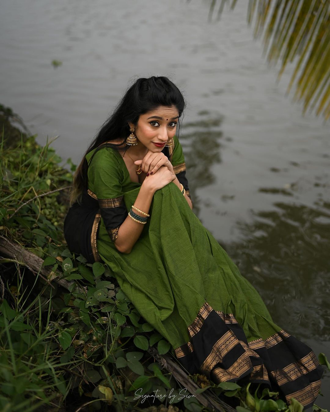 Mezos Olive Green & Black Banarasi Silk Zari Half Saree Set | Amali Royal Heritage Collection