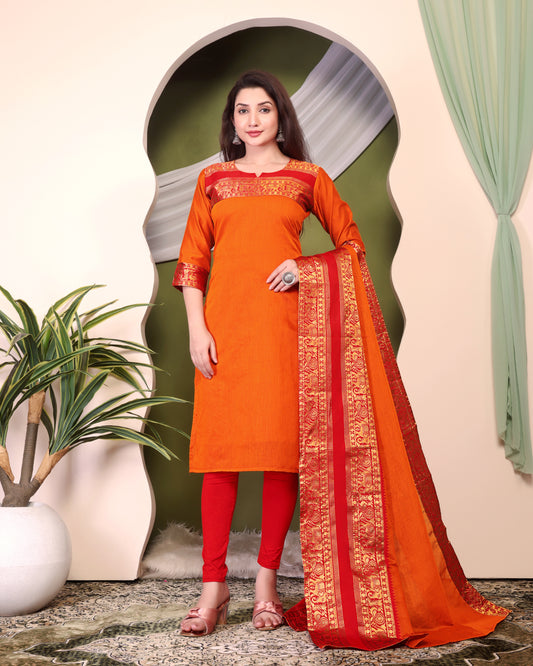 Mezos Rust Orange & Maroon Zari Border Cotton Silk Kurta with Dupatta – Premium Festive Kurta Set by Amali