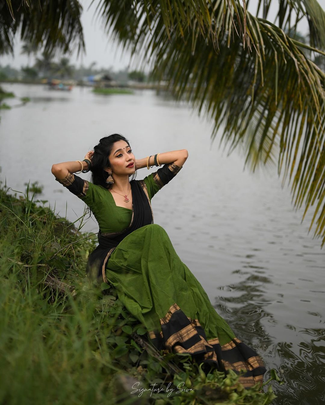 Mezos Olive Green & Black Banarasi Silk Zari Half Saree Set | Amali Royal Heritage Collection