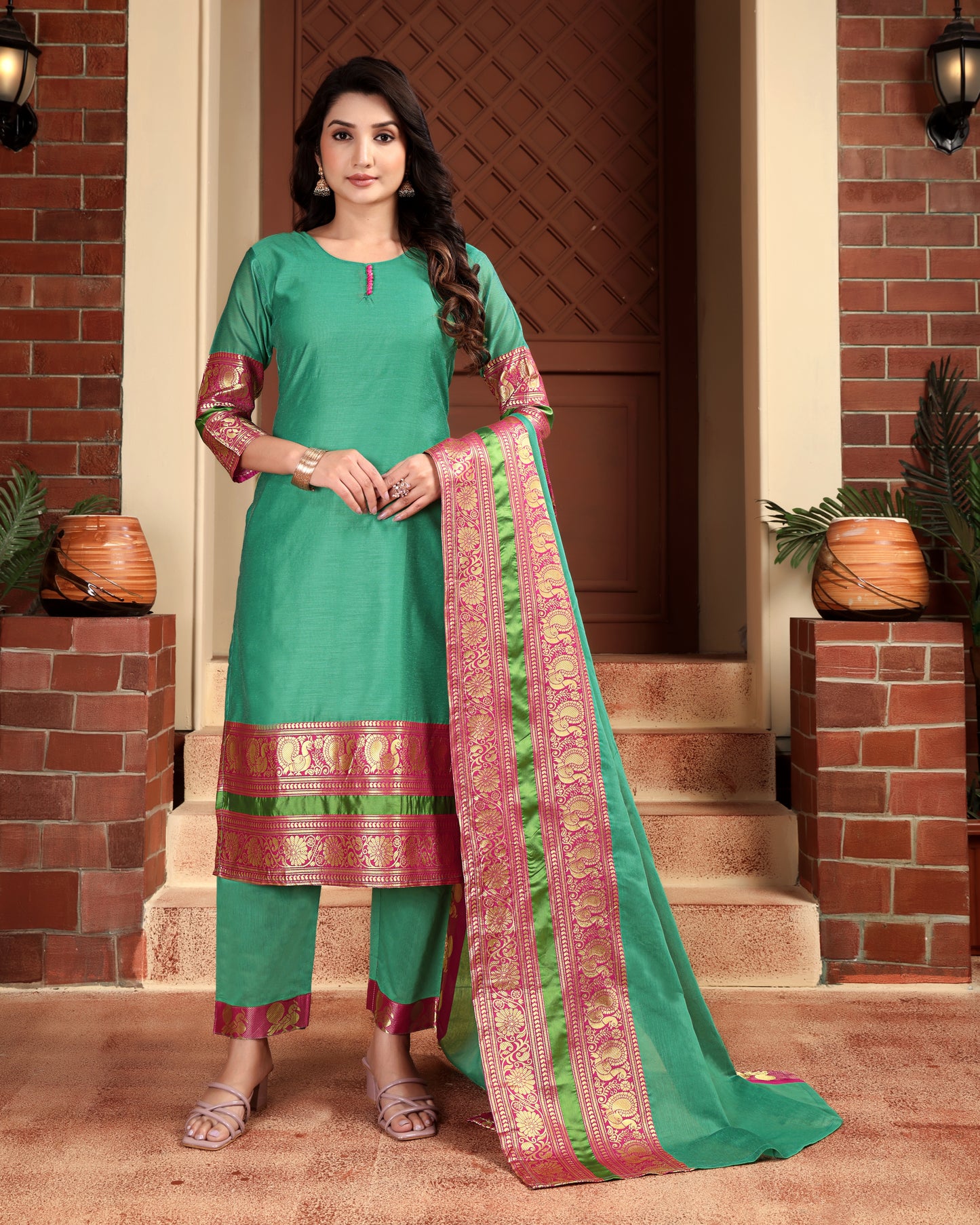 Mezos Sea Green & Pink Zari Border Cotton Silk Kurta with Dupatta and Salwar – Elegant Festive Wear by Amali