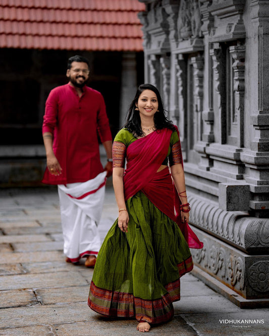 Mezos Olive Green & Maroon Banarasi Silk Zari Half Saree Set | Amali Royal Heritage Collection