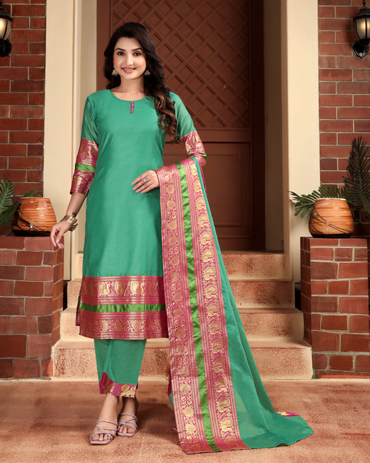 Mezos Sea Green & Pink Zari Border Cotton Silk Kurta with Dupatta and Salwar – Elegant Festive Wear by Amali