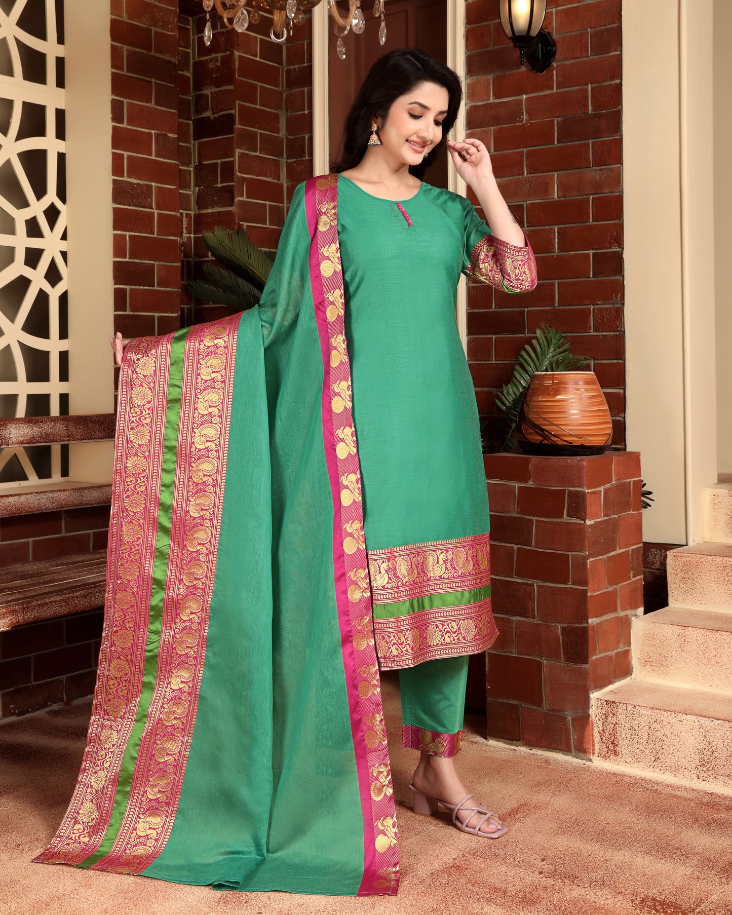 Mezos Sea Green & Pink Zari Border Cotton Silk Kurta with Dupatta and Salwar – Elegant Festive Wear by Amali