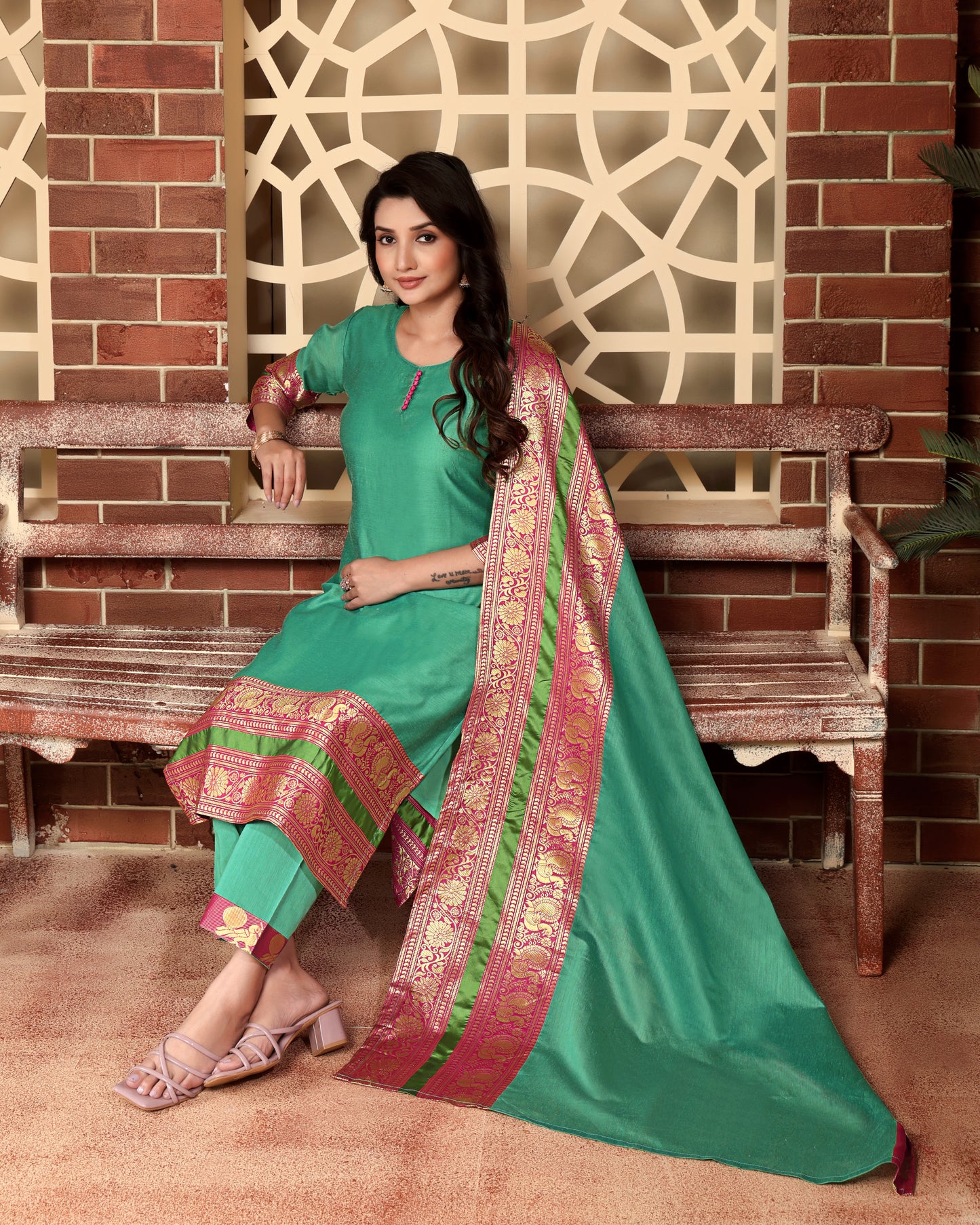 Mezos Sea Green & Pink Zari Border Cotton Silk Kurta with Dupatta and Salwar – Elegant Festive Wear by Amali