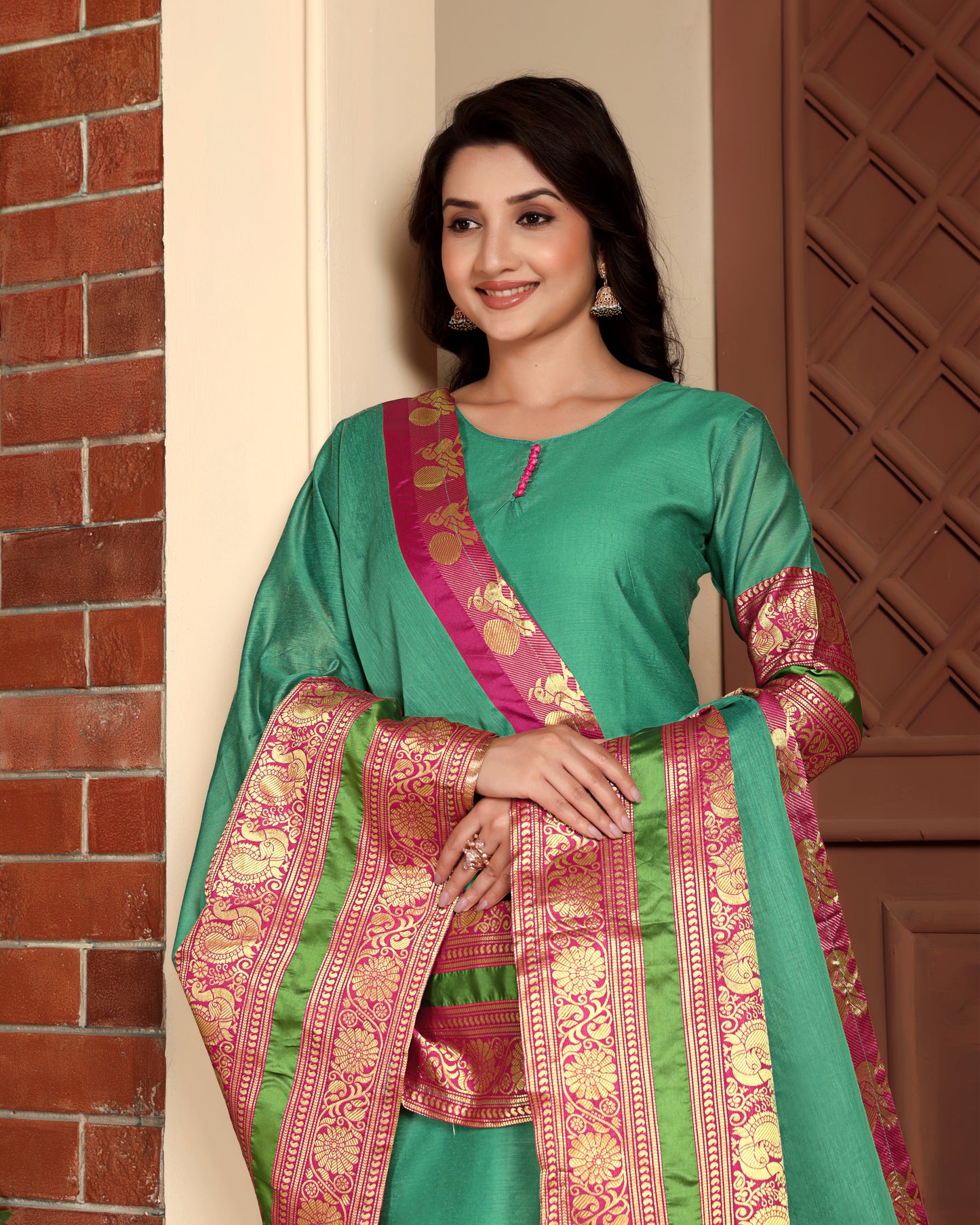 Mezos Sea Green & Pink Zari Border Cotton Silk Kurta with Dupatta and Salwar – Elegant Festive Wear by Amali