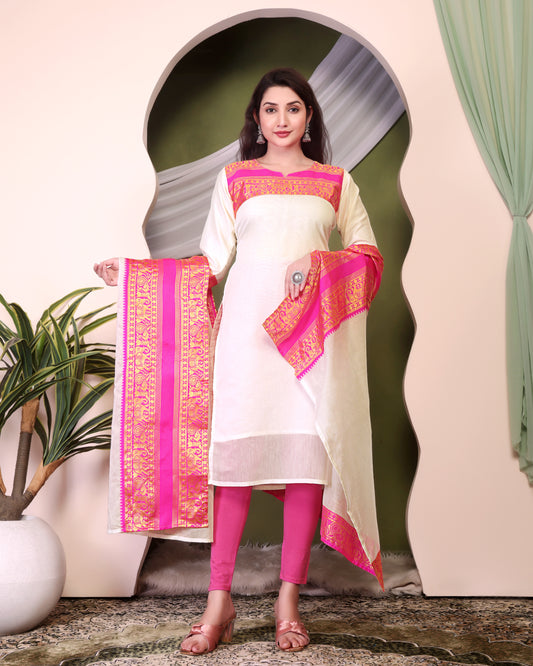 Mezos Ivory & Pink Zari Border Cotton Silk Kurta with Dupatta – Elegant Festive Kurta Set by Amali