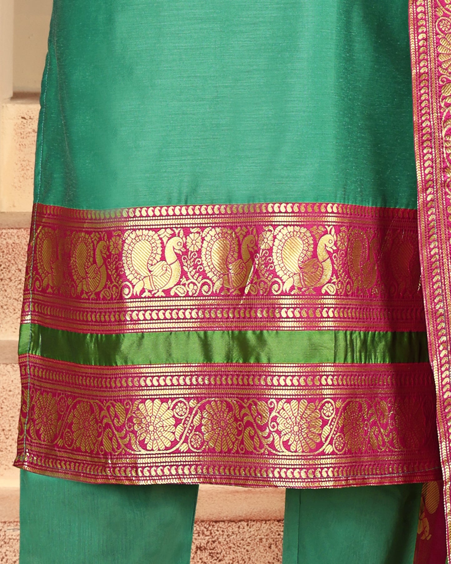 Mezos Sea Green & Pink Zari Border Cotton Silk Kurta with Dupatta and Salwar – Elegant Festive Wear by Amali