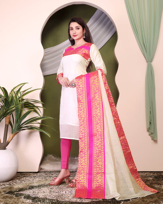Mezos Ivory & Pink Zari Border Cotton Silk Kurta with Dupatta – Elegant Festive Kurta Set by Amali