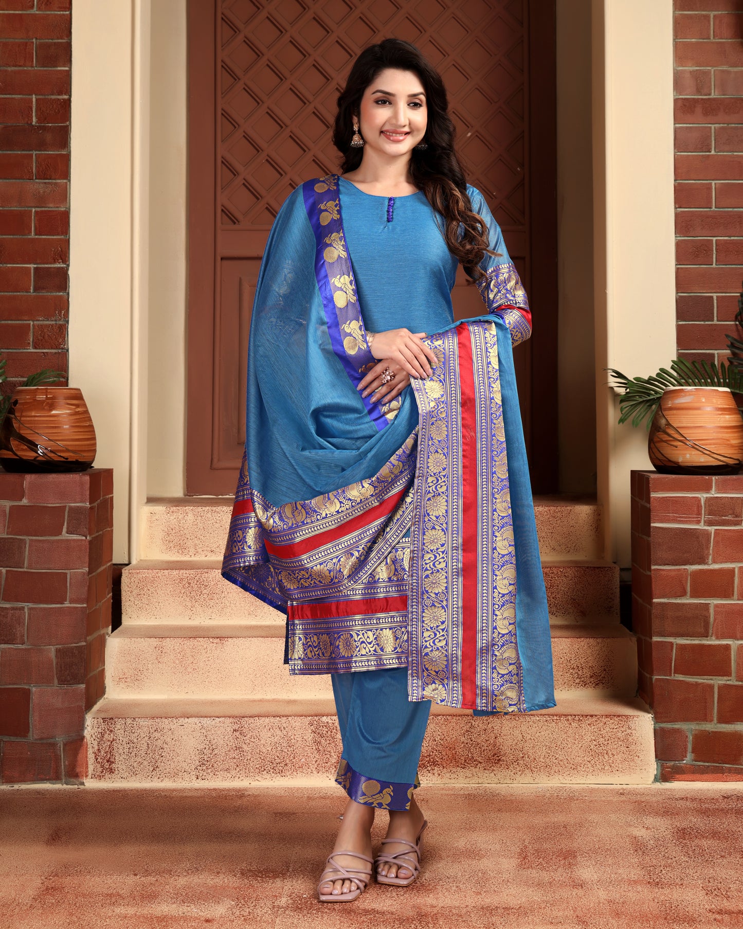 Mezos Sky Blue & Royal Blue Zari Border Cotton Silk Kurta with Dupatta and Salwar – Elegant Festive Wear by Amali