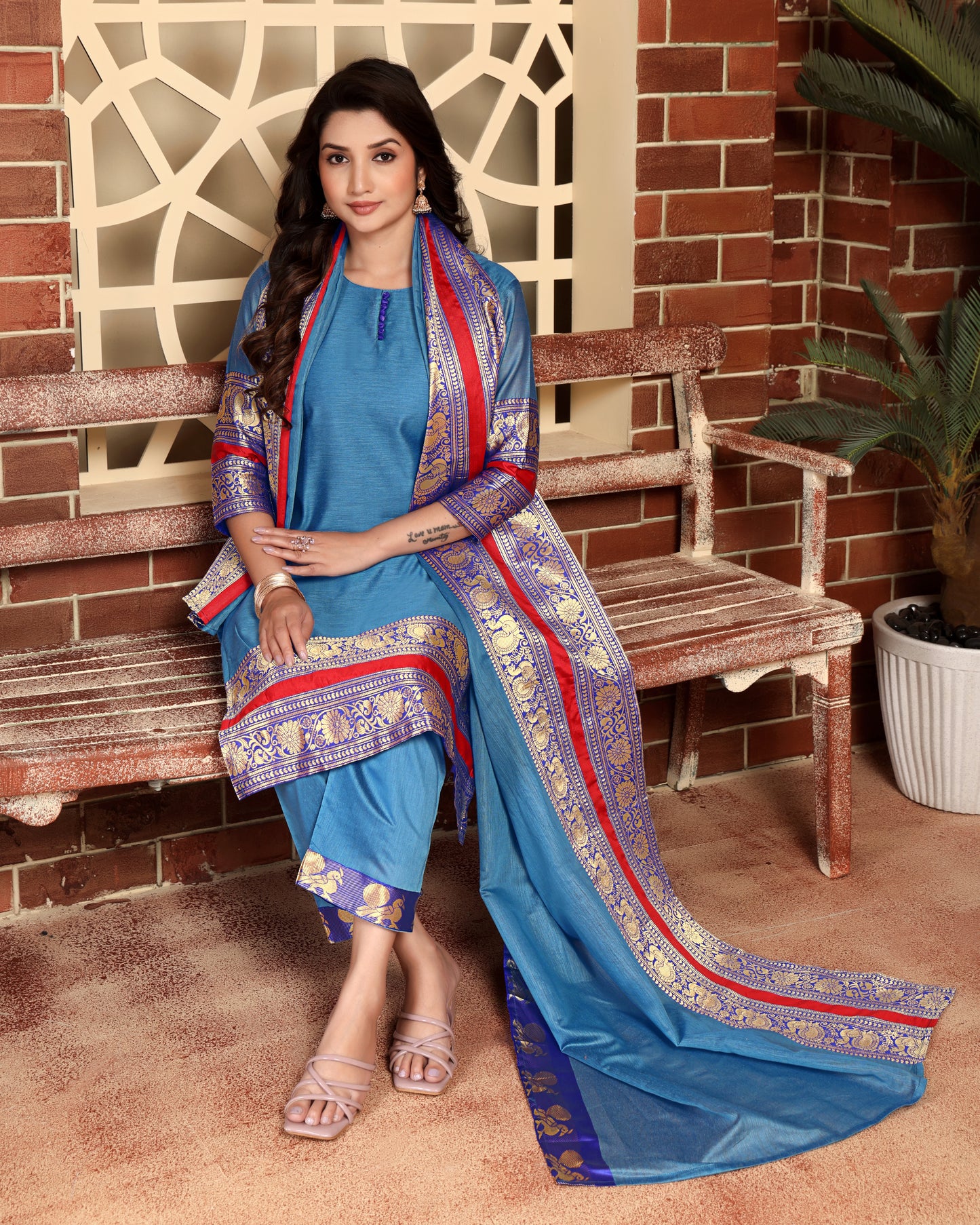Mezos Sky Blue & Royal Blue Zari Border Cotton Silk Kurta with Dupatta and Salwar – Elegant Festive Wear by Amali