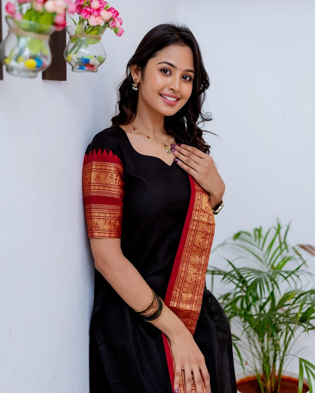 Mezos Black Cotton Silk Kurta with Red Golden Zari Dupatta – Elegant 2-Piece Set by Amali