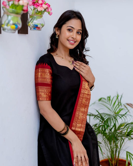 Mezos Black Cotton Silk Kurta with Red Golden Zari Dupatta – Elegant 2-Piece Set by Amali