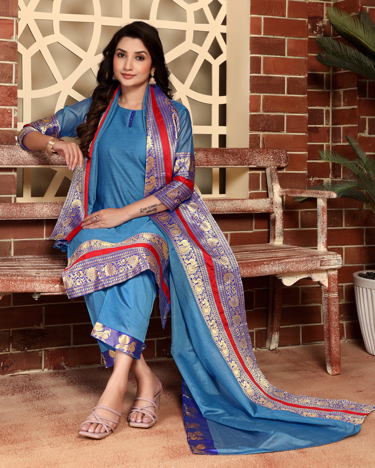 Mezos Sky Blue & Royal Blue Zari Border Cotton Silk Kurta with Dupatta and Salwar – Elegant Festive Wear by Amali