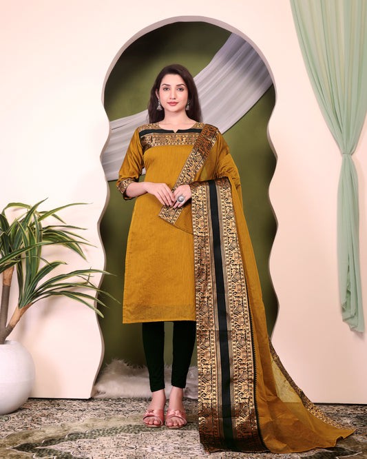 Mezos Mustard & Black Zari Border Cotton Silk Kurta with Dupatta – Premium Festive Wear Set by Amali