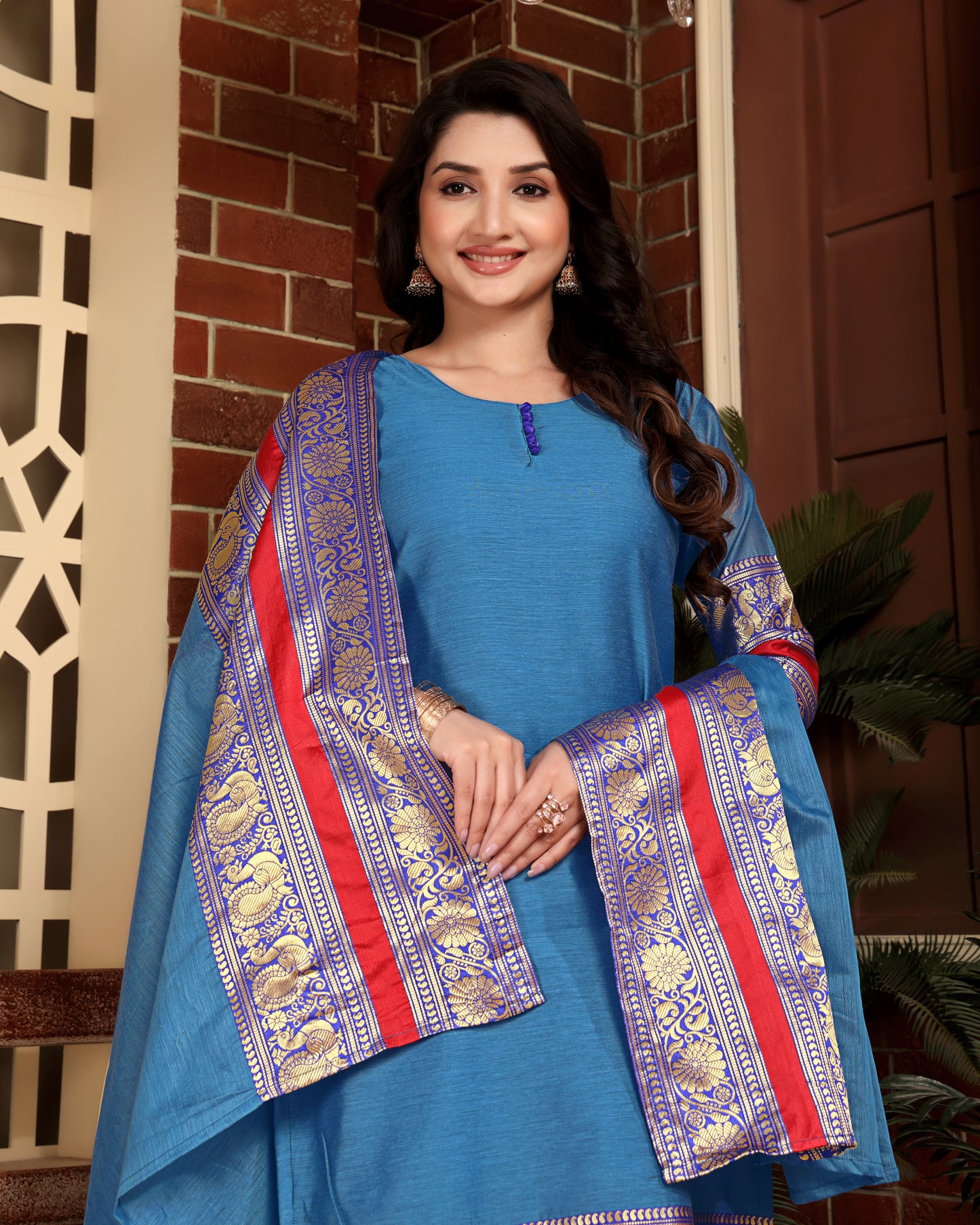 Mezos Sky Blue & Royal Blue Zari Border Cotton Silk Kurta with Dupatta and Salwar – Elegant Festive Wear by Amali