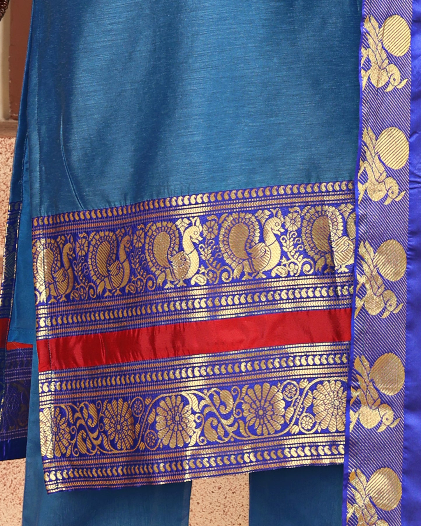 Mezos Sky Blue & Royal Blue Zari Border Cotton Silk Kurta with Dupatta and Salwar – Elegant Festive Wear by Amali