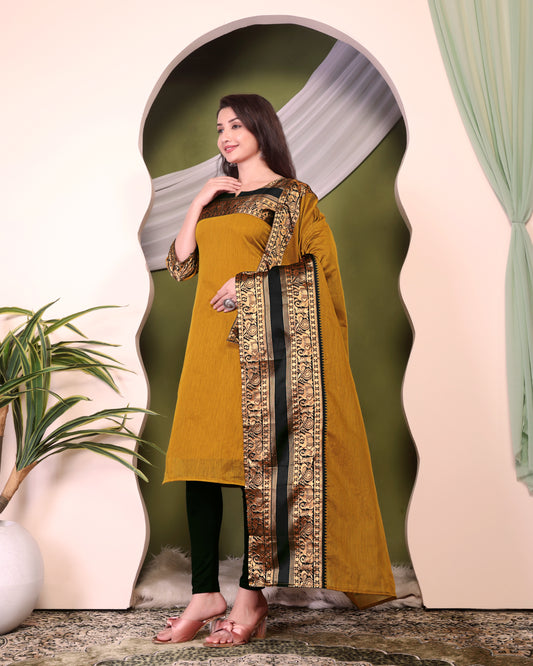 Mezos Mustard & Black Zari Border Cotton Silk Kurta with Dupatta – Premium Festive Wear Set by Amali