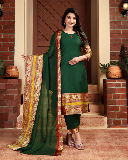 Mezos Emerald Green & Maroon Zari Border Cotton Silk Kurta with Dupatta and Salwar – Festive Ethnic Wear by Amali