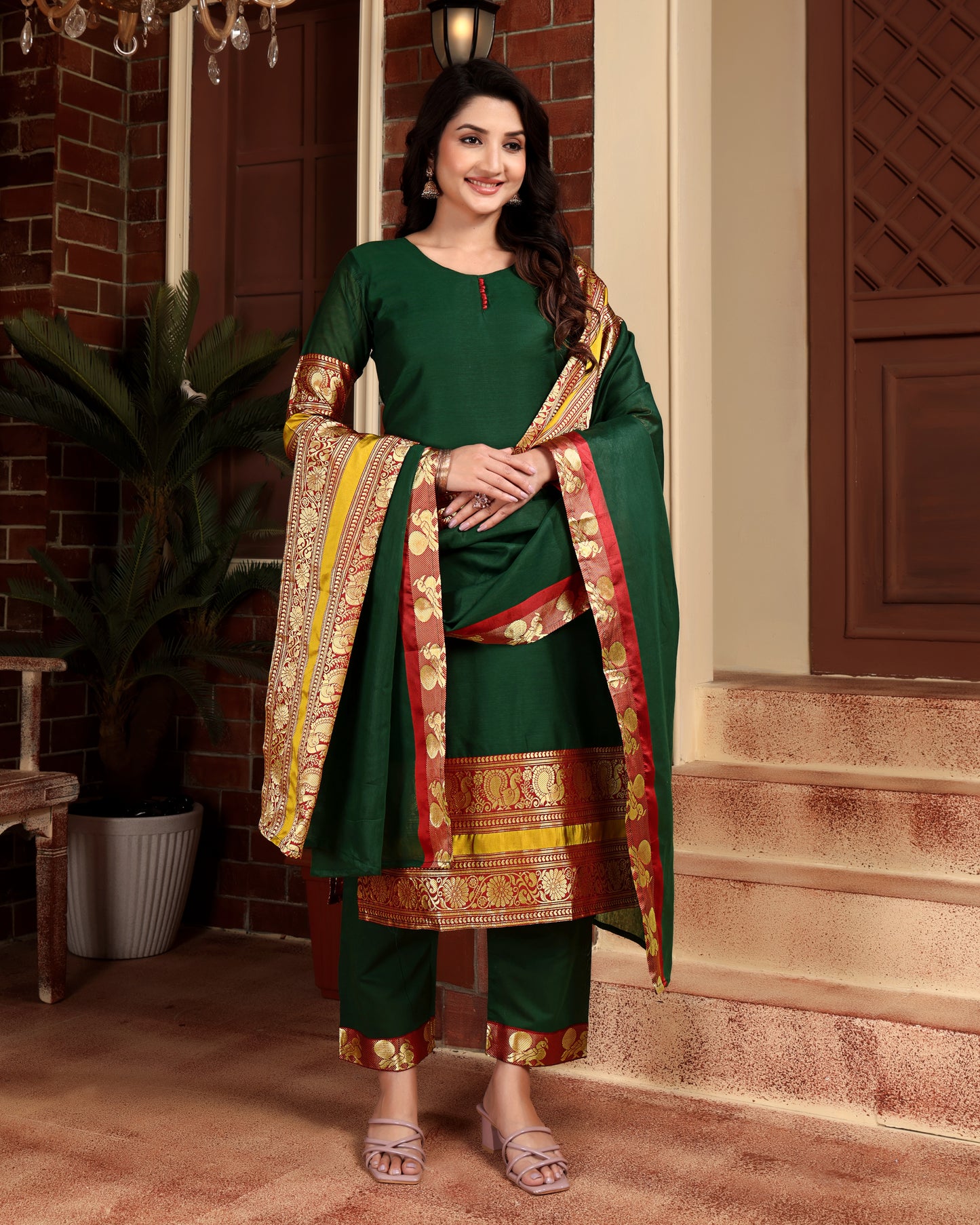 Mezos Emerald Green & Maroon Zari Border Cotton Silk Kurta with Dupatta and Salwar – Festive Ethnic Wear by Amali