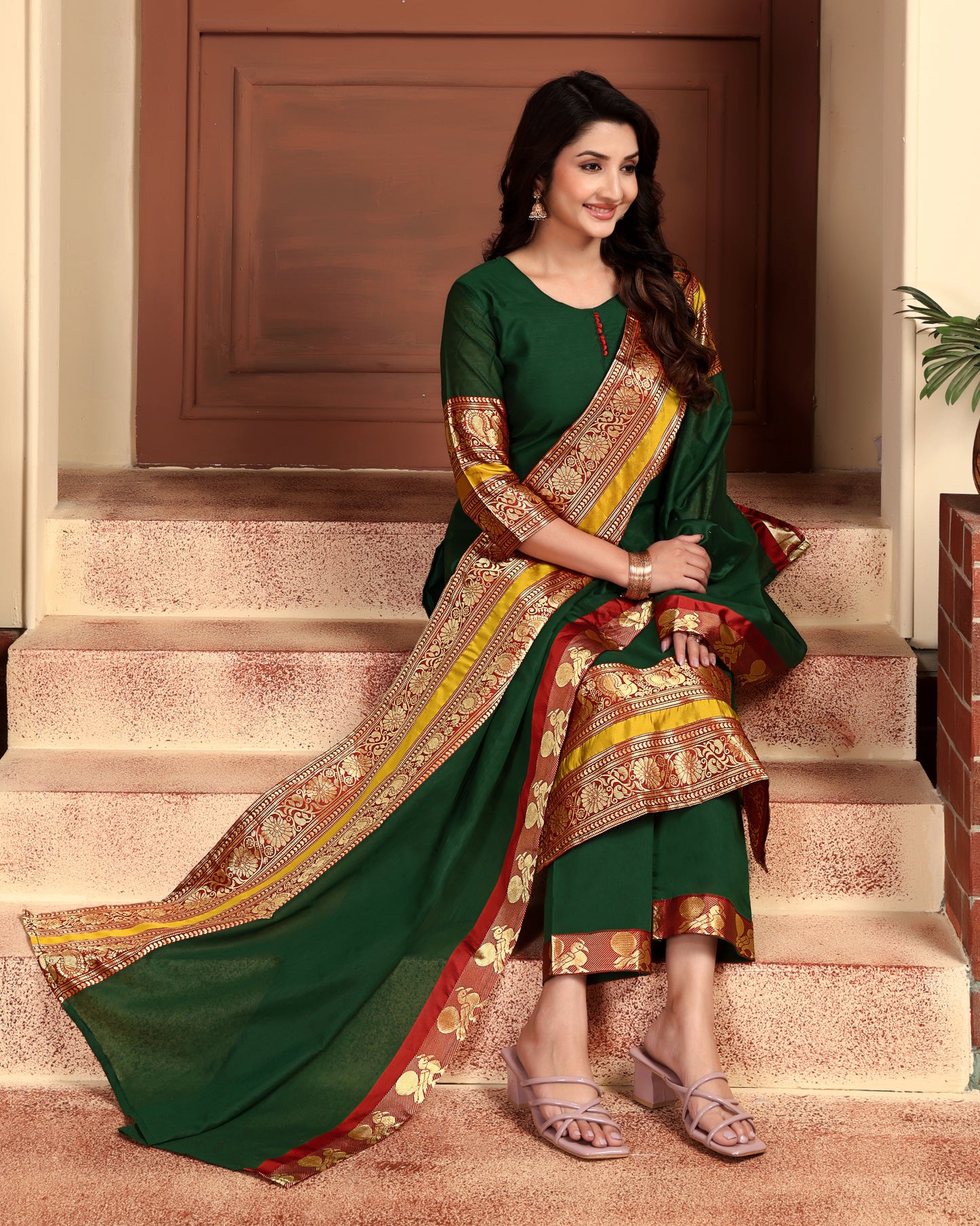 Mezos Emerald Green & Maroon Zari Border Cotton Silk Kurta with Dupatta and Salwar – Festive Ethnic Wear by Amali