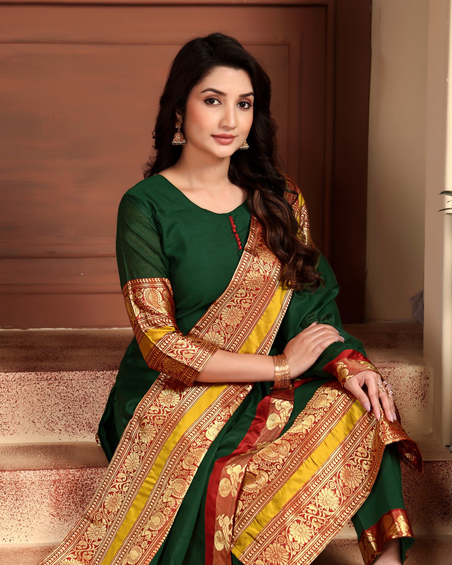 Mezos Emerald Green & Maroon Zari Border Cotton Silk Kurta with Dupatta and Salwar – Festive Ethnic Wear by Amali