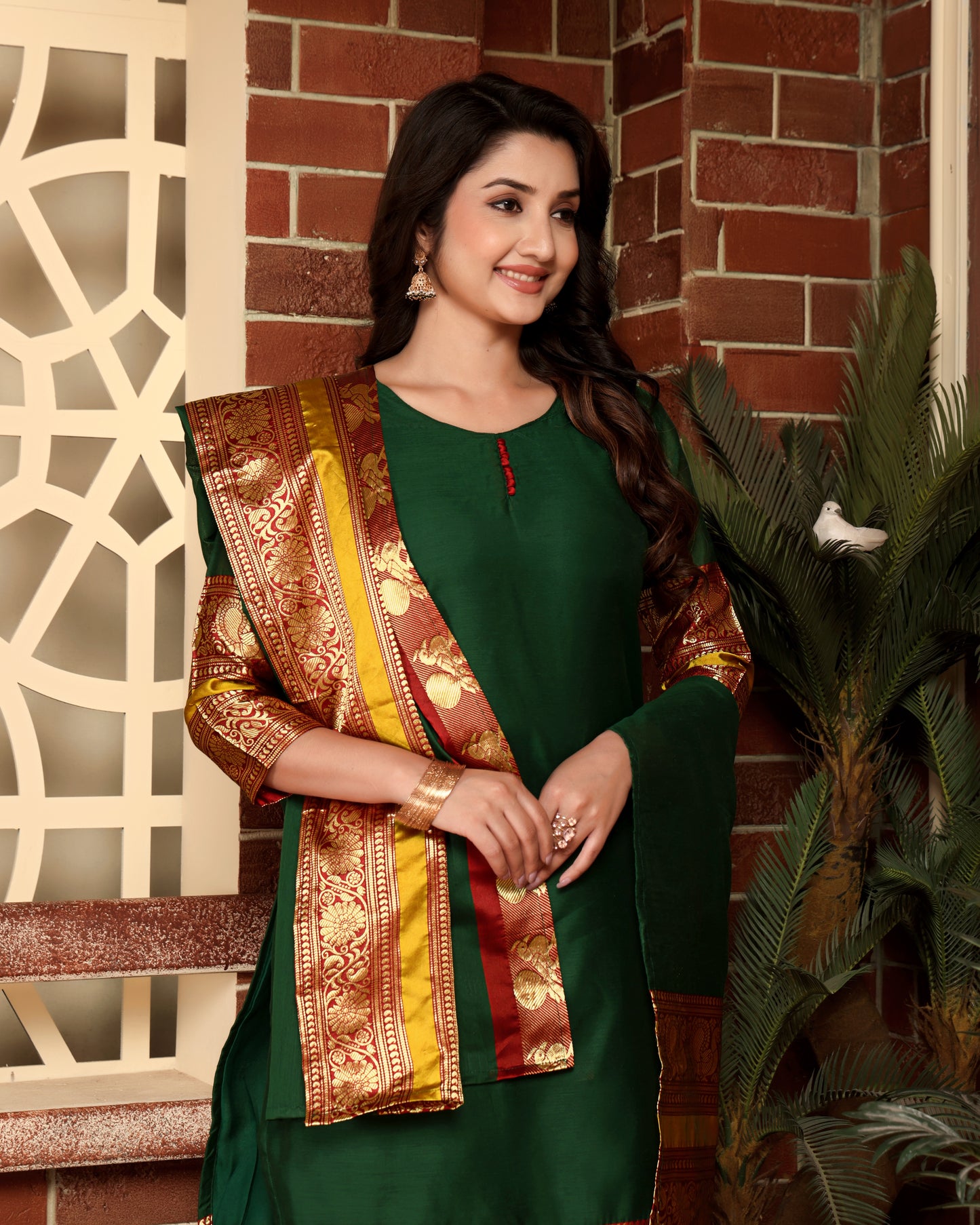 Mezos Emerald Green & Maroon Zari Border Cotton Silk Kurta with Dupatta and Salwar – Festive Ethnic Wear by Amali