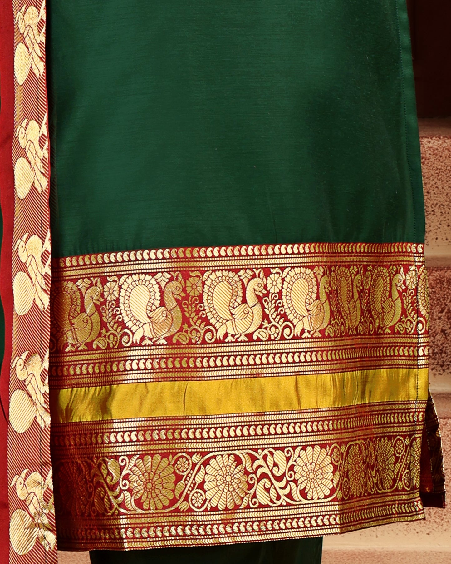 Mezos Emerald Green & Maroon Zari Border Cotton Silk Kurta with Dupatta and Salwar – Festive Ethnic Wear by Amali