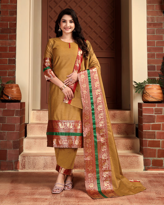 Mezos Mustard & Maroon Zari Border Cotton Silk Kurta with Dupatta and Salwar – Royal Festive Wear by Amali