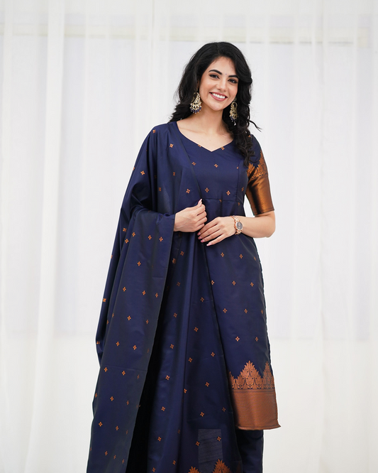 Mezos Navy Blue & Copper Zari Work Cotton Silk Kurta with Dupatta and Salwar – Premium Festive Set by Amali